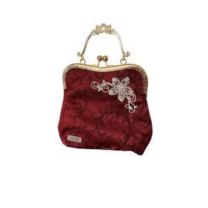 Vintage Inspired Burgundy Handbag with Rhinestone Brooch and Clasp Closure
